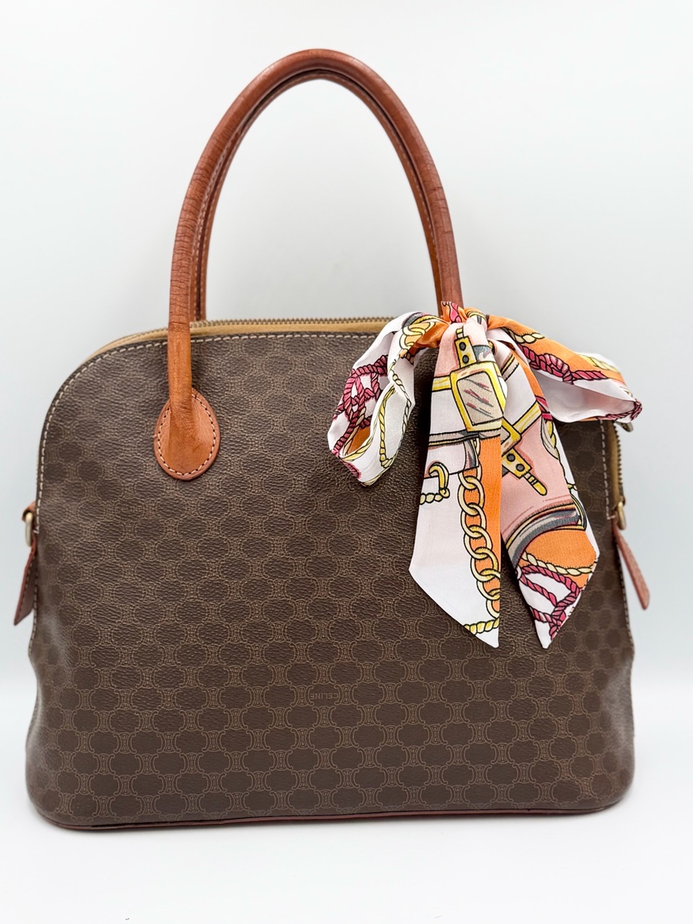 Celine Brown Leather-Trim Satchel with Orange Scarf Accent (pre-owned)
